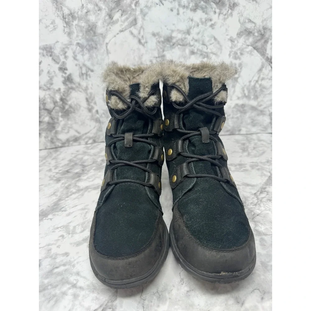 Sorel Whitney 🖤Short Lace Black Suede Faux Fur Waterproof Winter‎ Boots